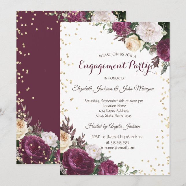 Invitation Diamants d'or Fiançailles floral Bourgogne (Devant / Derrière)