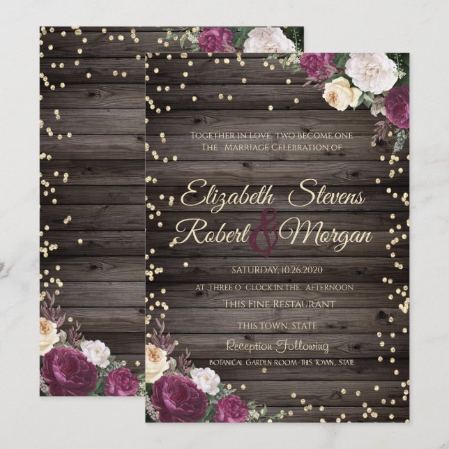 Invitation Diamants d'or Fleurs Bourgogne Bois (Devant / Derrière)