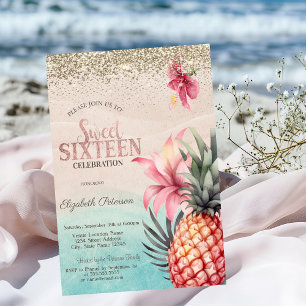 Invitation Diamants d'or, Hibiscus Pineapple Plage Sweet 16