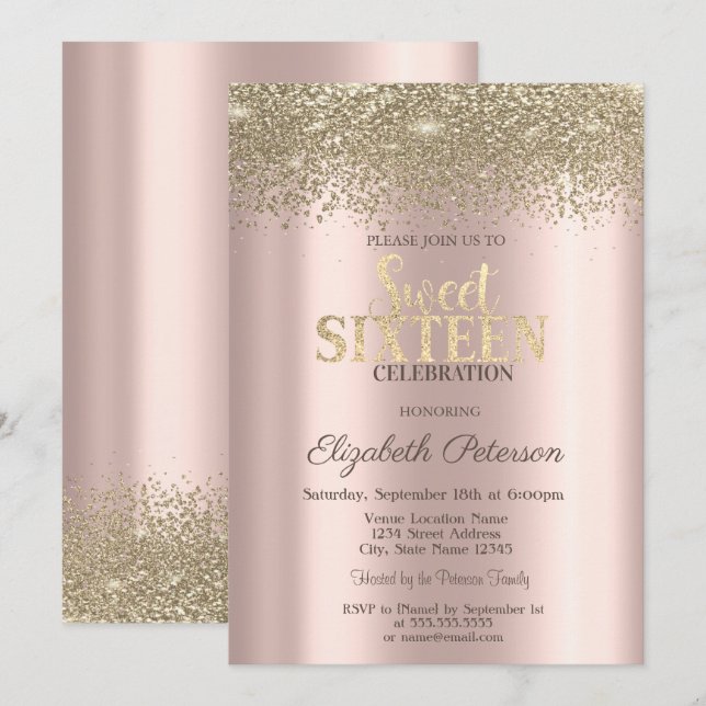 Invitation Diamants d'or moderne Rose Gold Sweet 16 (Devant / Derrière)
