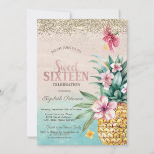 Invitation Diamants d'or, Plage d'ananas Floral Sweet 16