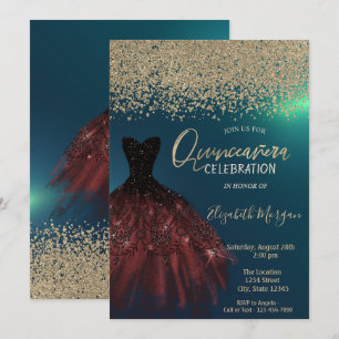 Invitation Diamants d'or, Robe élégante Quinceanera verte