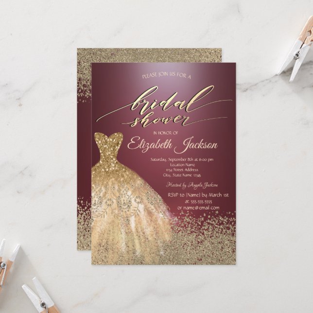 Invitation Diamants d'or robe Fête des mariées bordeaux foncé (Devant/Arrière en situation)