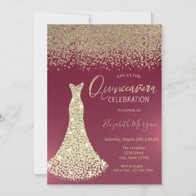 Invitation Diamants d'or robe Quinceanera rouge (Devant)