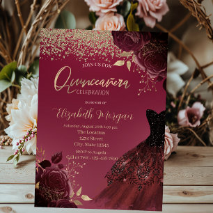Invitation Diamants d'or, Robe, Roses Bourgogne Quinceanera