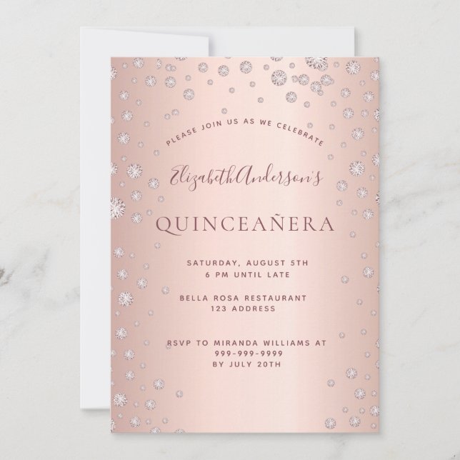 Invitation Diamants d'or rose Quinceanera (Devant)