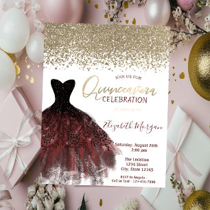 Invitation Diamants dorés,Élégante robe bordeaux Quinceañera
