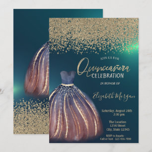 Invitation Diamants dorés, robe chic verte pour Quinceañera