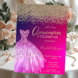 Invitation Diamants dorés, robe élégante et chic Quinceañera