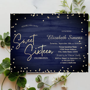 Invitation Diamants Élégants Bleu Marine Or Script Sweet 16