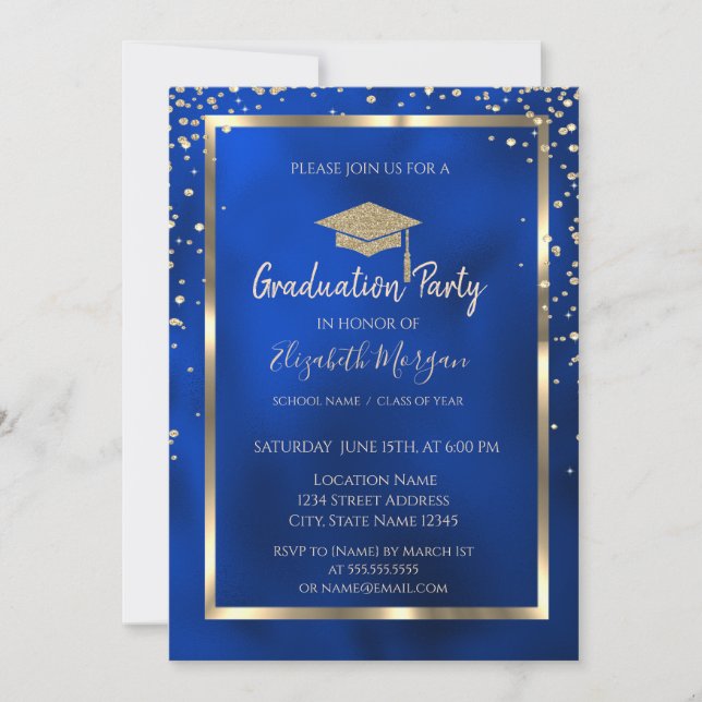 Invitation Diamants élégants Gold Grad Casquette Bleu métalli (Devant)