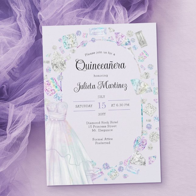 Invitation Diamants Élégants Princesse Gown Lilac Quinceanera (Light purple quinceanera invitation template with princess ball gown ..)