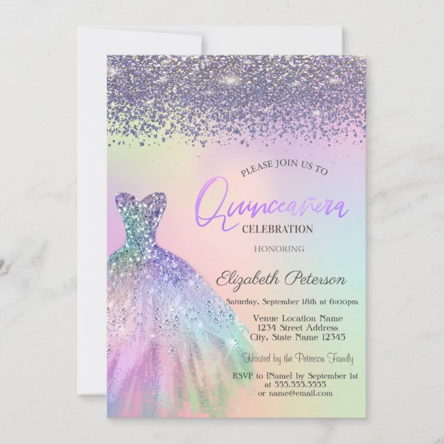 Invitation Diamants Élégants, Robe Holographique Quinceanera (Devant)