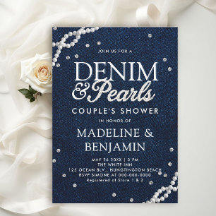 Invitation Diamants en Denim Perles Élégant Mariage Couple Bl