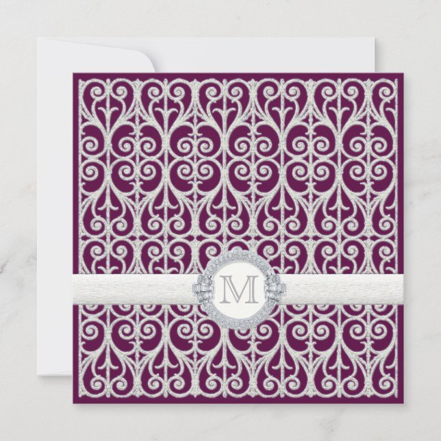 Invitation Diamants et dentelle de prune violette, Mariage mo (Devant)