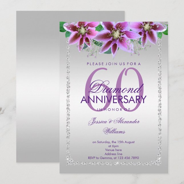 Invitation Diamants et Fleurs Élégants 60e Anniversaire de Ma (Devant / Derrière)