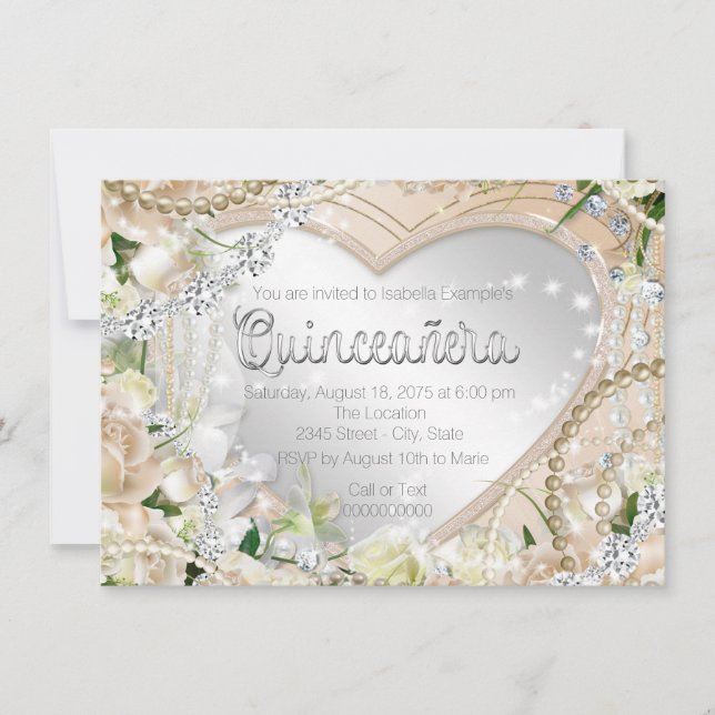 Invitation Diamants et perles Quinceanera Rose blanche (Devant)