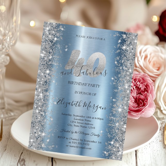 Invitation Diamants étincelants d'argent bleu 40e anniversair (Créateur téléchargé)