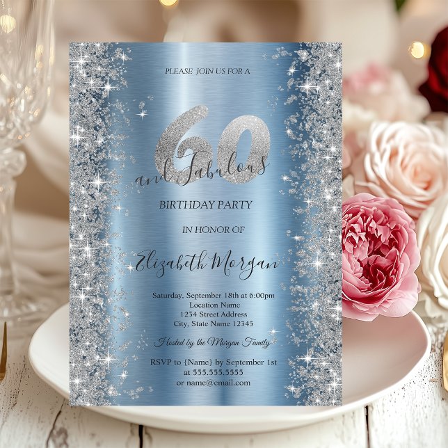 Invitation Diamants étincelants d'argent bleu 60e anniversair (Créateur téléchargé)