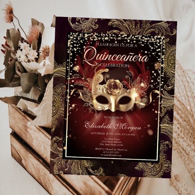 Invitation Diamants Floral Damask Masquerade Quinceañera (Créateur téléchargé)