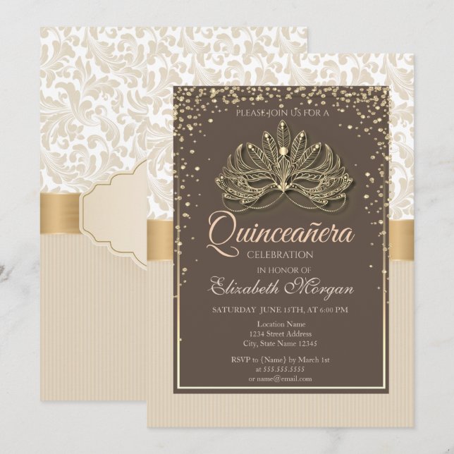 Invitation Diamants Floral Damask Quinceañera (Devant / Derrière)