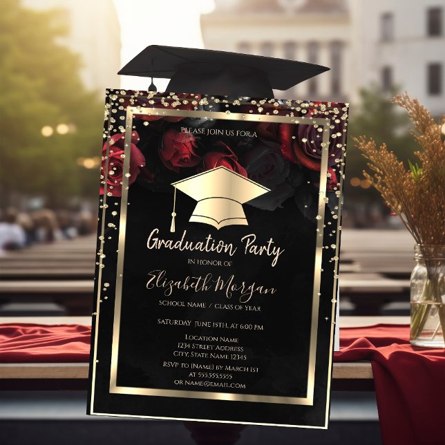 Invitation Diamants Gold Grad Casquette Red Roses Graduation (Créateur téléchargé)
