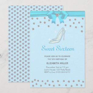 Invitation Diamants Pailletés Chic Sweet Sixteen sur Fond Ble