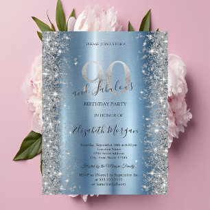 Invitation Diamants Pailletés d'Argent Bleu 90e Anniversaire