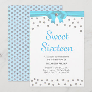 Invitation Diamants Pailletés Sweet Sixteen sur fond blanc