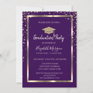 Invitation Diamants Paillettes Or Cap Grad Violet Remise des