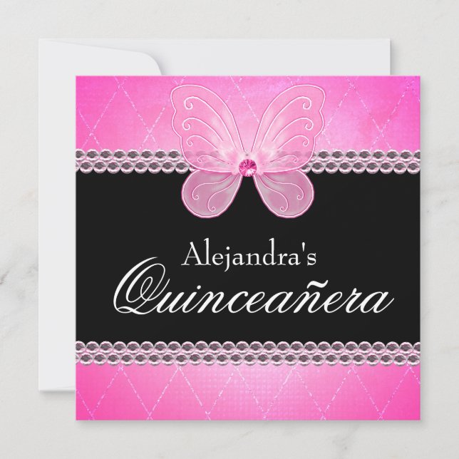 Invitation Diamants papillon Quinceanera rose (Devant)