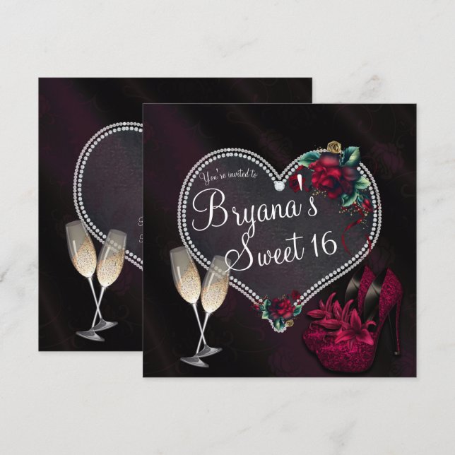 Invitation Diamants Perles Coeur foncé talons hauts doux 16 (Devant / Derrière)