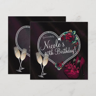 Invitation Diamants Perles Cœur Sombre Talons Hauts Anniversa
