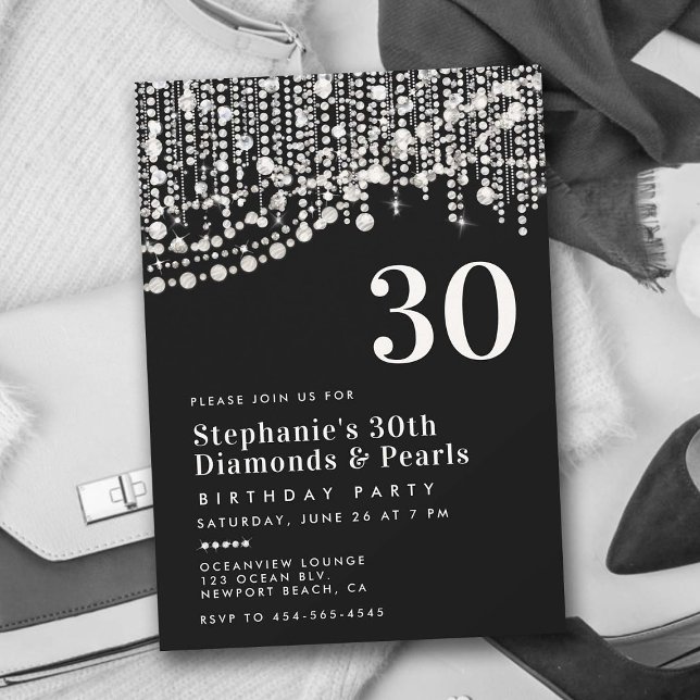 Invitation Diamants Perles Fringe Noir Blanc 30e anniversaire (diamonds and pearls black and white 30th birthday invitation for women elegant classy glam feminine )