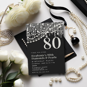 Invitation Diamants Perles Fringe Noir Blanc 80e anniversaire