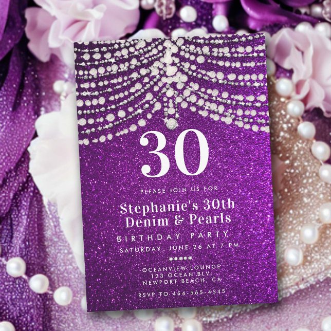 Invitation Diamants Perles violet glam Glitz 30e anniversaire (glitter 30th birthday invitation glitz glamour diamonds pearls elegant classy bling theme)