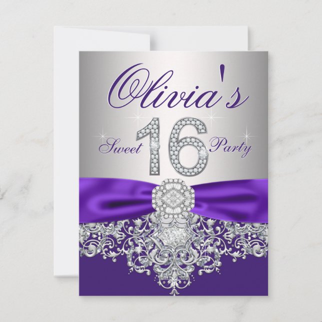 Invitation Diamants Purple et Silver Sweet 16 Partie (Devant)
