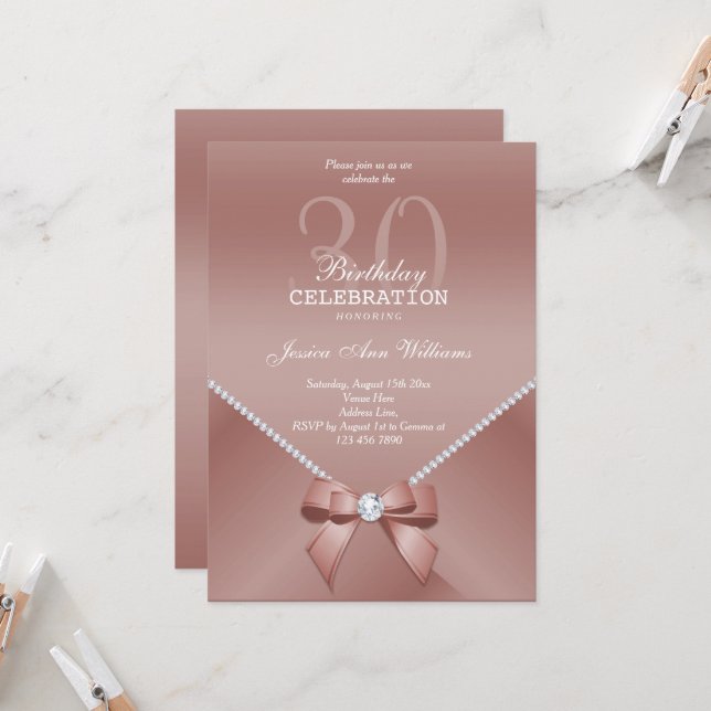 Invitation Diamants romantiques et or Rose 30e anniversaire (Devant/Arrière en situation)