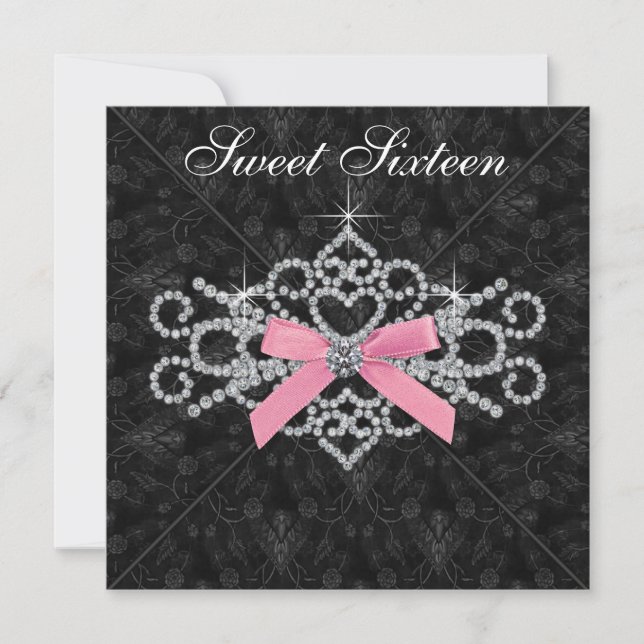 Invitation Diamants rose noir Damas doux 16 Anniversaire fête (Devant)
