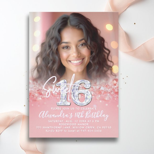 Invitation Diamants Rose Or Étincelles Chic Photo Sweet 16 (sweet sixteen invitation 16th birthday diamonds rose gold blush pink photo template fashion teen)