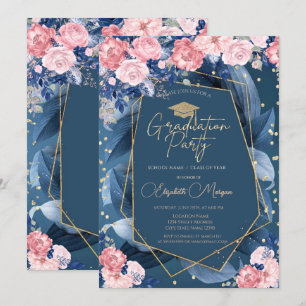 Invitation Diamants Roses Cadre Marine Blue Graduation Party