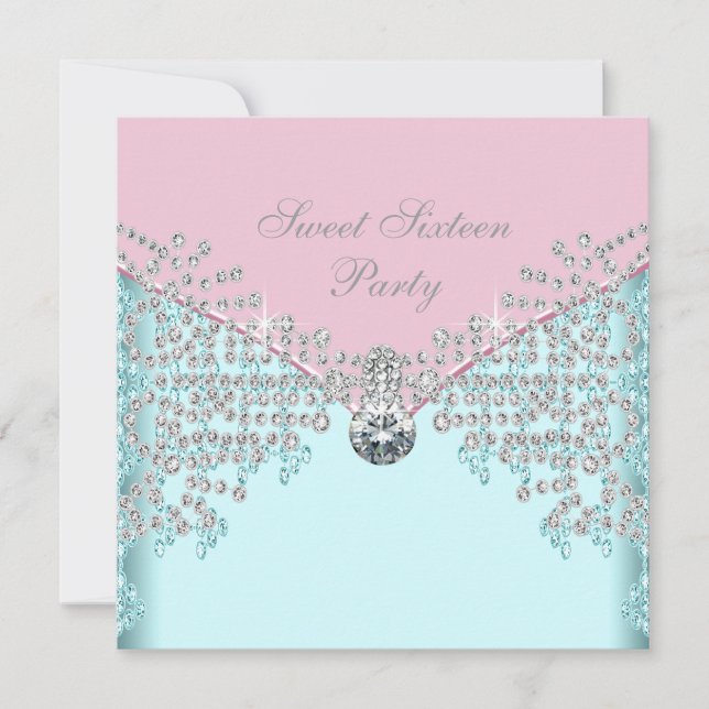 Invitation Diamants roses Sweet sixteen bleu Turquoise Annive (Devant)