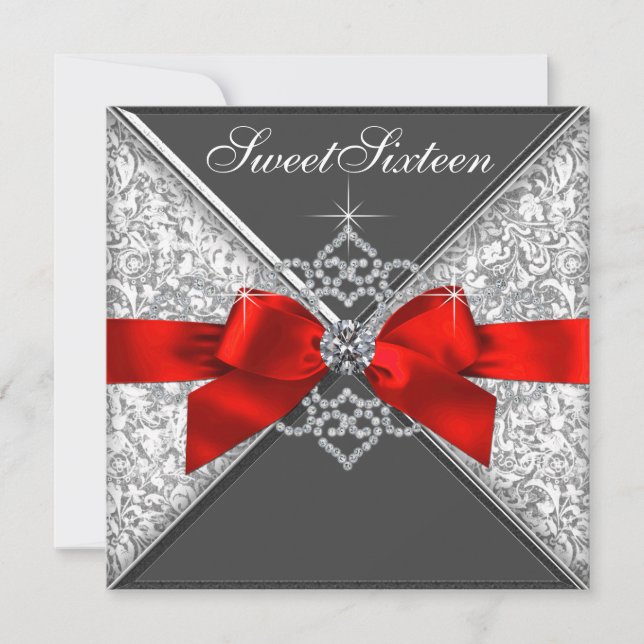 Invitation Diamants Rouge et Noir Doux 16 Anniversaire (Devant)