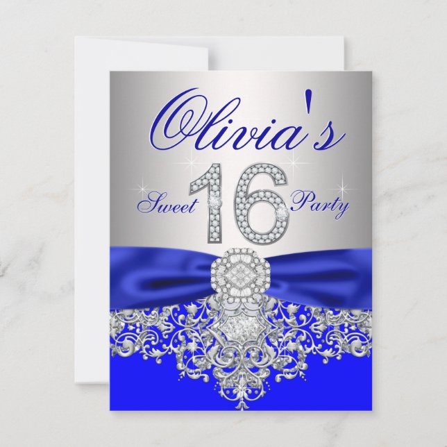 Invitation Diamants Royal Blue et Silver Sweet 16 Party (Devant)
