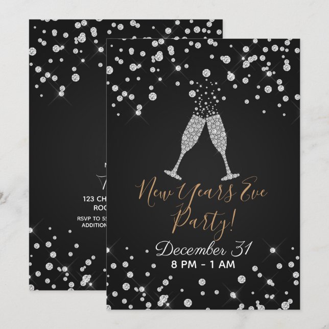 Invitation Diamants Toast Champagne Moderne Nouvel An Réveill (Devant / Derrière)
