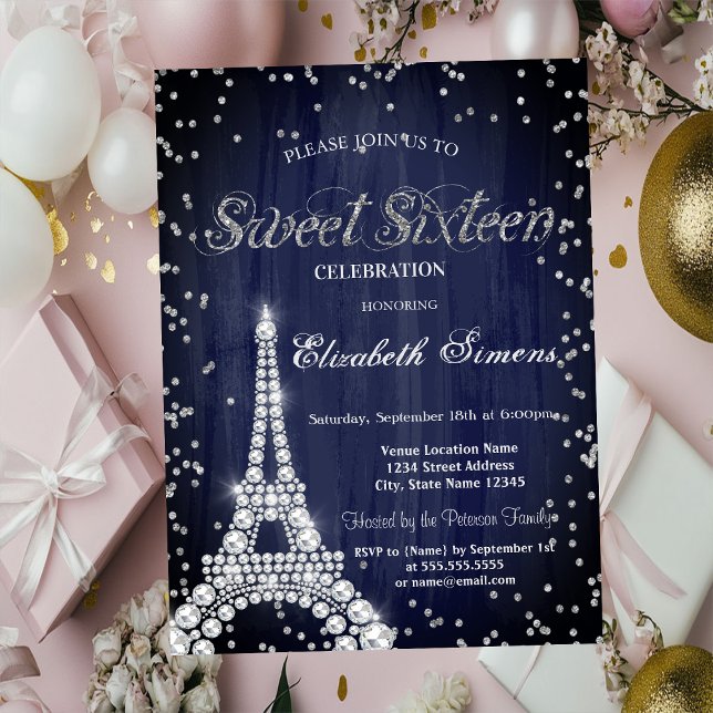Invitation Diamants Tour Eiffel Diamants Marine Bleu Sweet 16 (Créateur téléchargé)