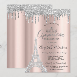 Invitation Diamants Tour Eiffel, Gouttes Argent Quinceañera