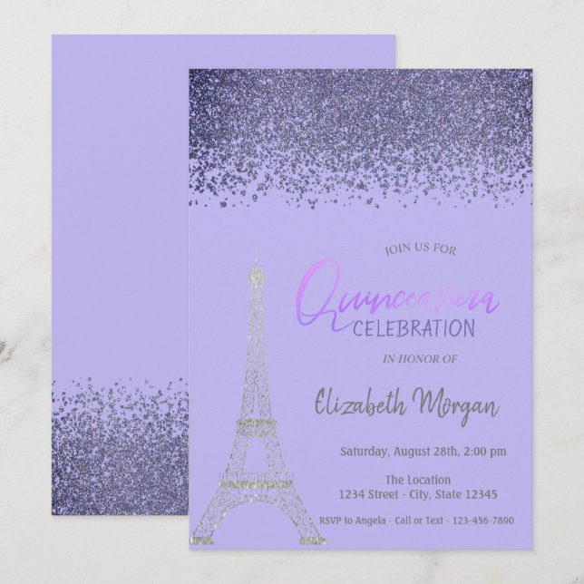 Invitation Diamants, Tour Eiffel Lumière Violet Quinceañera (Devant / Derrière)