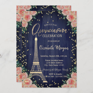 Invitation Diamants Tour Eiffel Or Fleurs Quinceañera