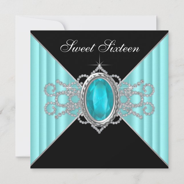 Invitation Diamants Turquoise Bleu Black Sweet 16 Anniversair (Devant)